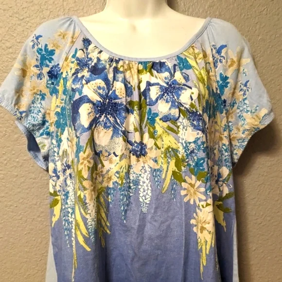 Karen Scott Blue Floral Shirt Top Embellished Short Sleeve Cotton Blouse Sz. L - Picture 7 of 9